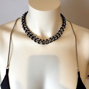 DESIGNER CHAIN CHOKER 17” matte black w shiny silver, lightweight metal
